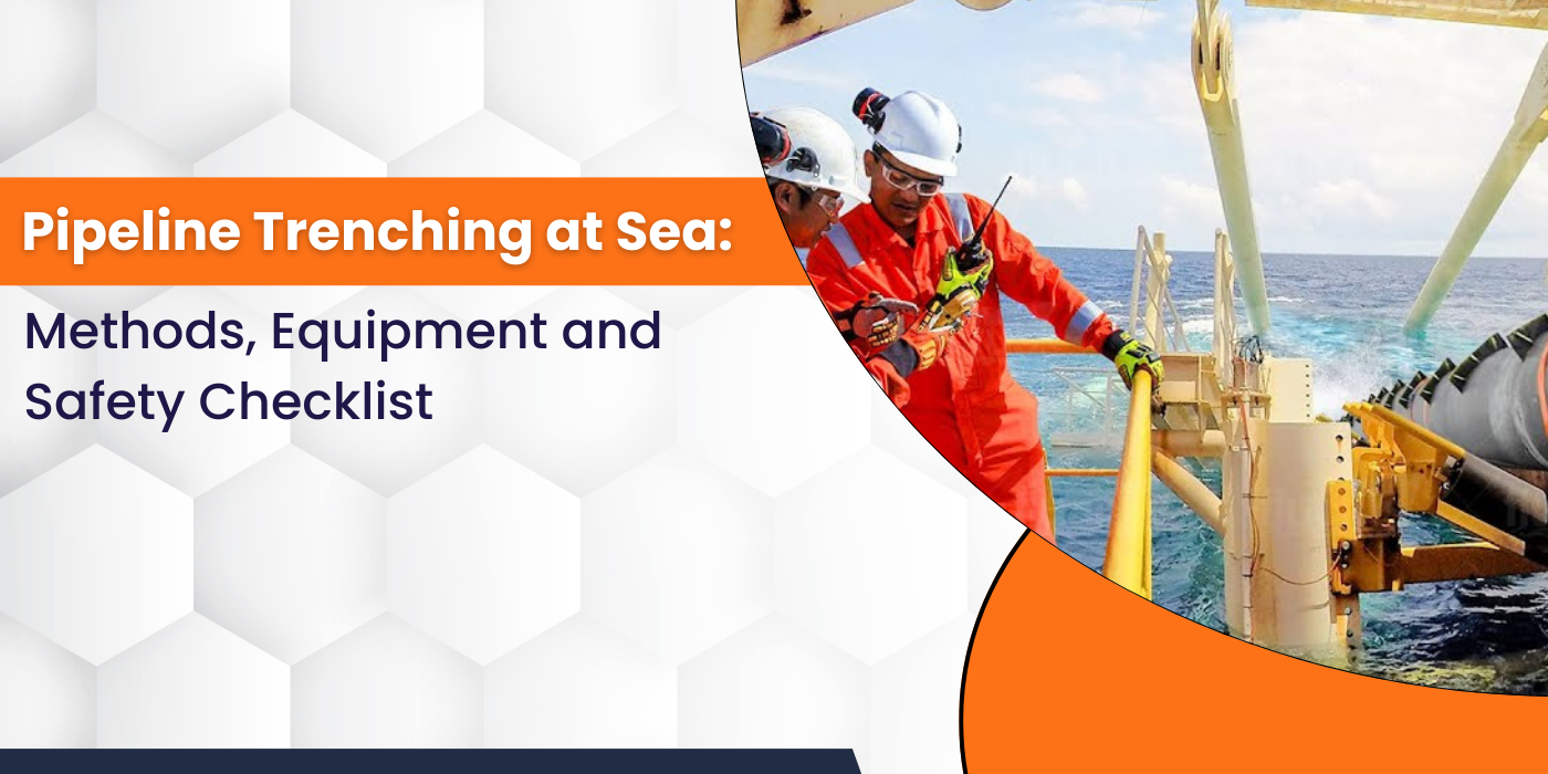 Offshore engineers performing pipeline trenching at sea using specialized equipment.