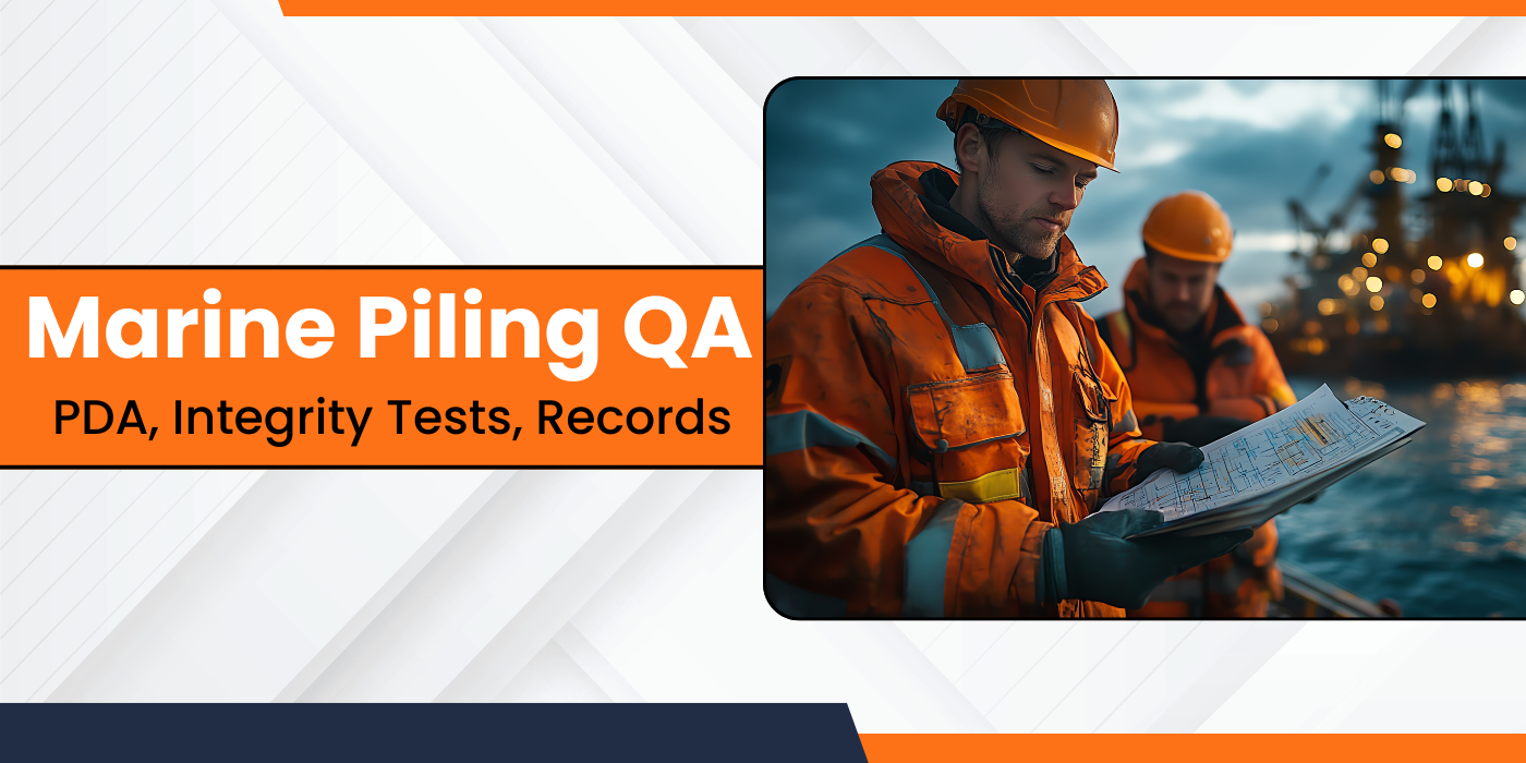 Engineers conducting marine piling QA with PDA and integrity testing at offshore site