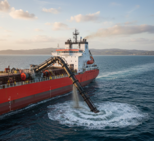 Trailing suction hopper dredger (TSHD) performing offshore dredging with a discharge pipe releasing dredged material into the ocean - Rock and Reef