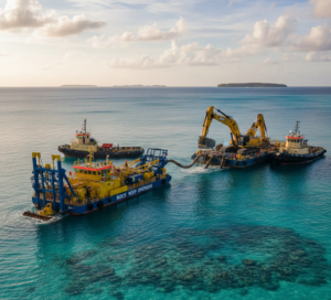 Offshore dredging operation with backhoe dredgers and a cutter suction dredger supported by tugboats in clear shallow coastal waters